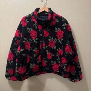 Women's 3X Forever 21 Black & Red Rose Sherpa Cropped Bomber Full Zip Jacket